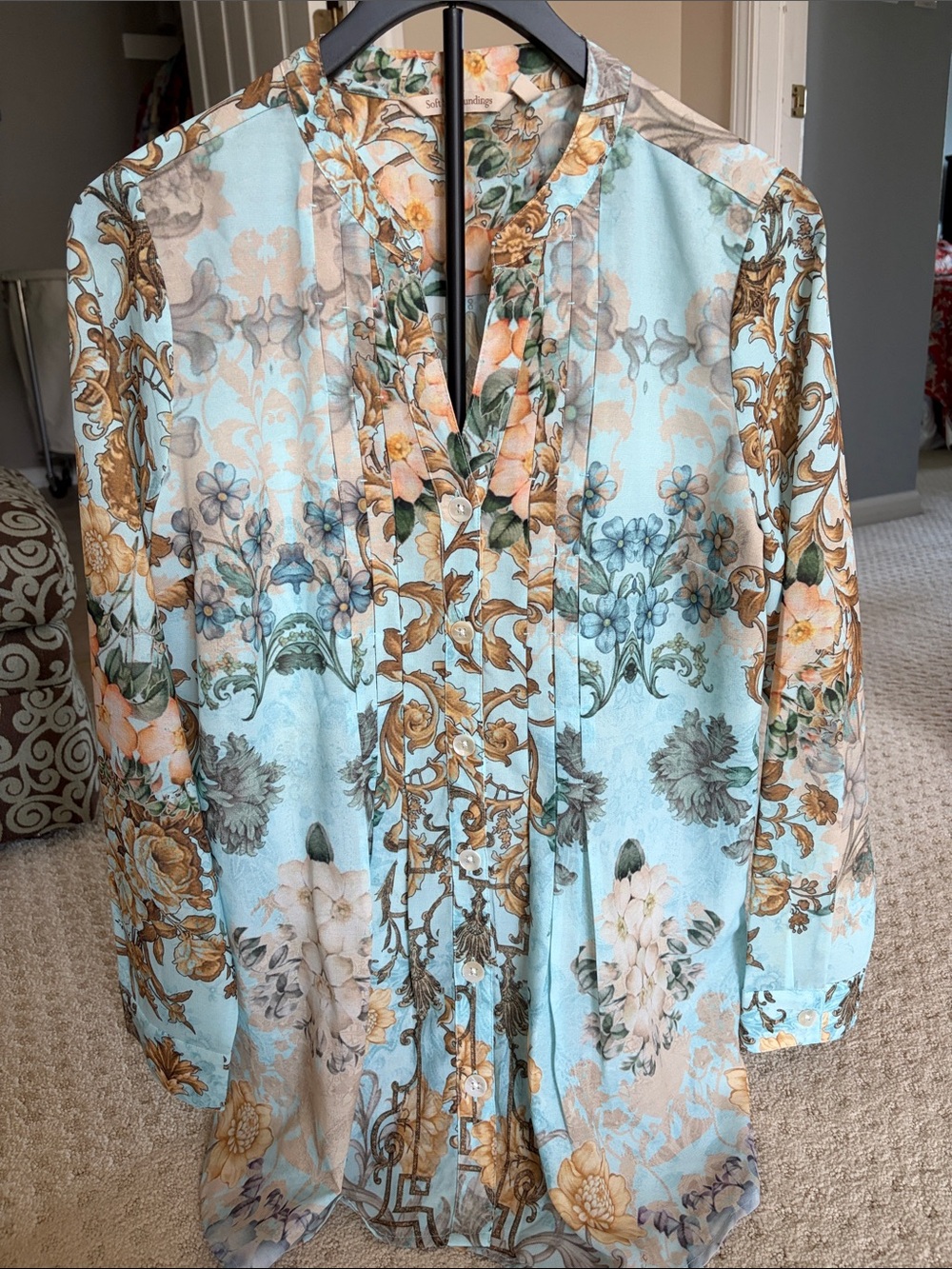Soft Surroundings Light Blue Floral Pintuck Blouse with Gold Accents